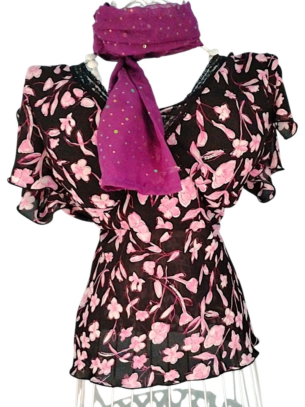 Women’s Black Floral Flutter Sleeve Top with Pink Accents